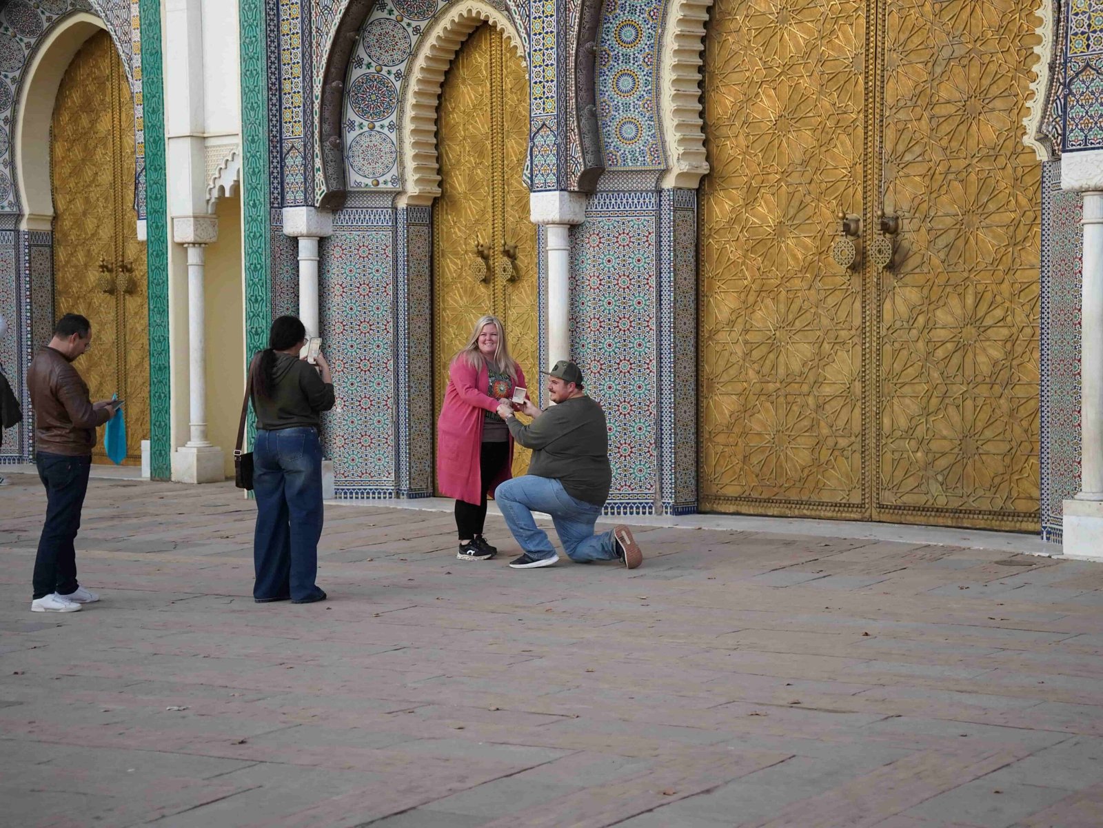 Marriage proposal in front of the Royal Palace gates in Fez, Morocco.