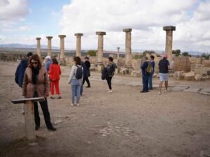 Tourists exploring the preserved Roman columns at Volubilis archaeological site.